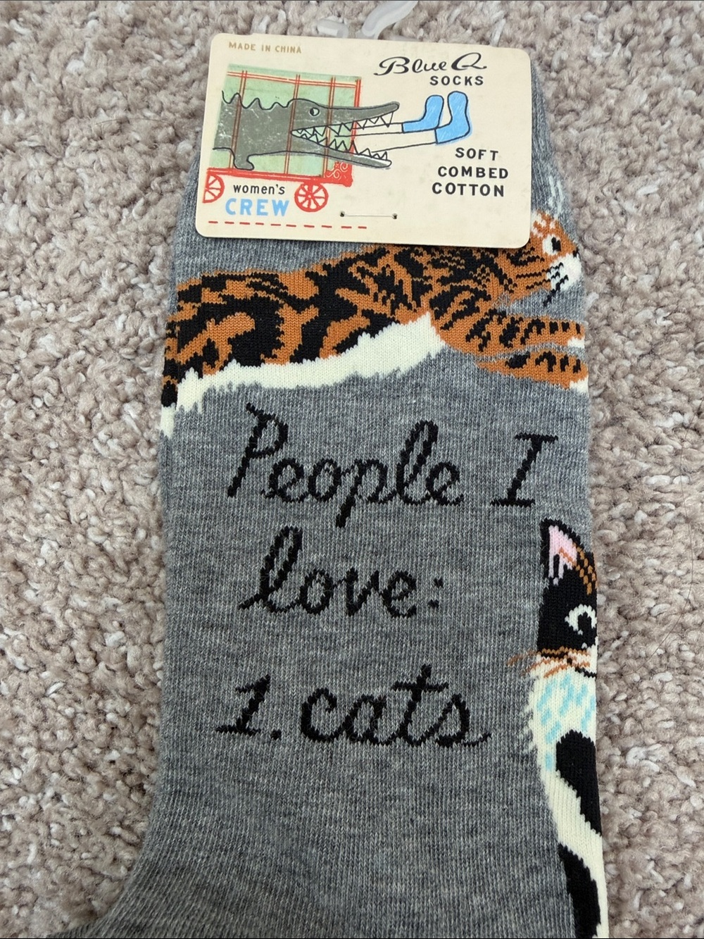 Blue Q Gray Crew Socks with Multi-Color Cat Graphics